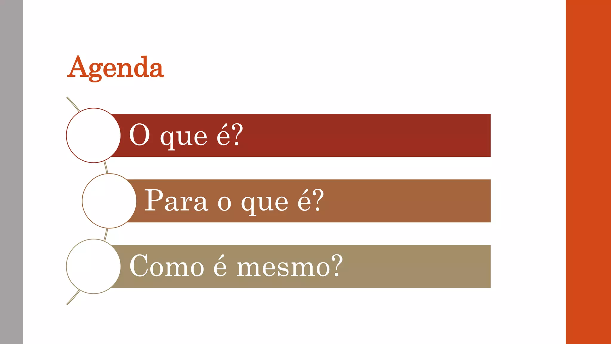 Agenda
O que é?
Para o que é?
Como é mesmo?
 