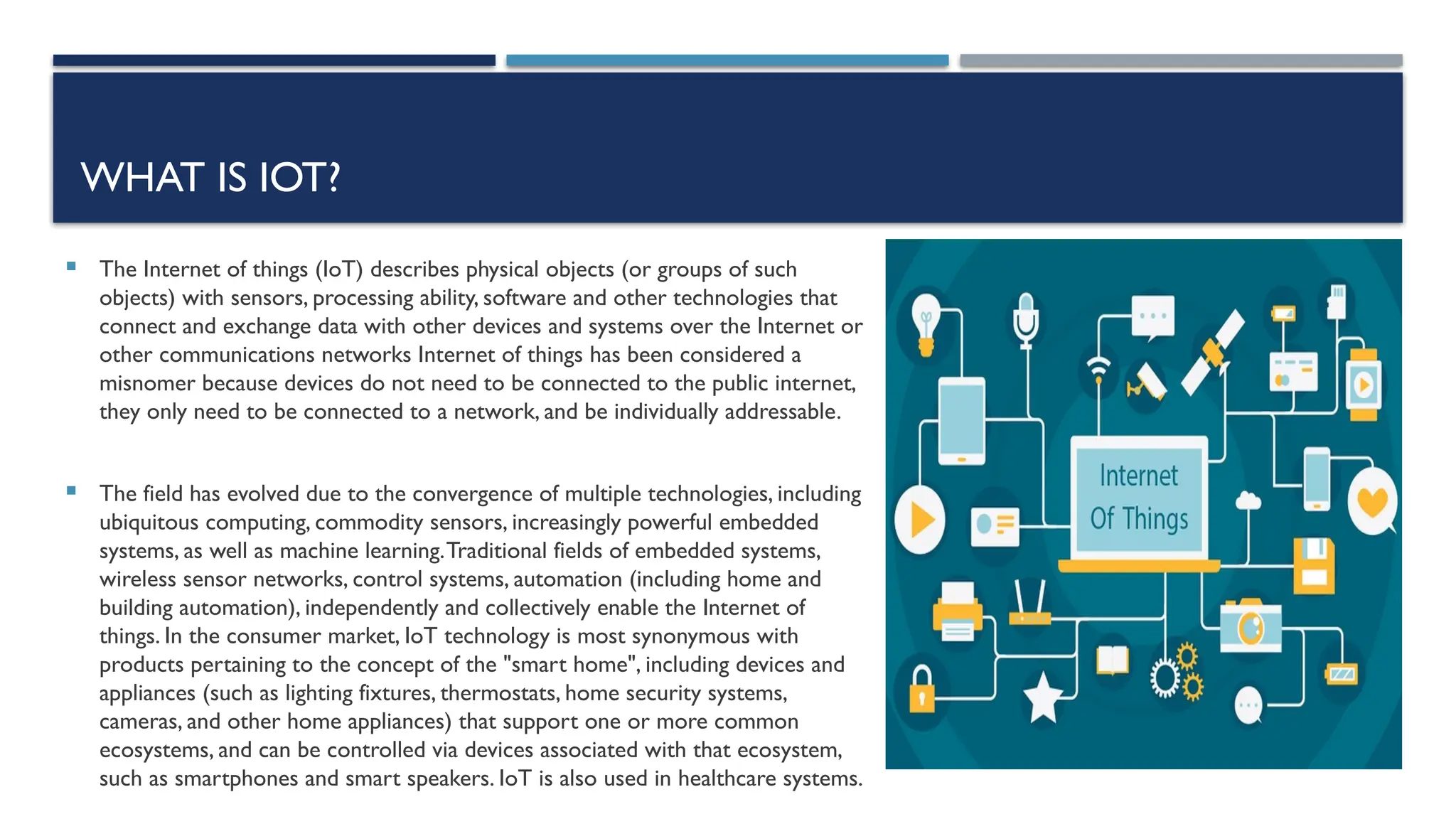 WHAT IS IOT?
 The Internet of things (IoT) describes physical objects (or groups of such
objects) with sensors, processing ability, software and other technologies that
connect and exchange data with other devices and systems over the Internet or
other communications networks Internet of things has been considered a
misnomer because devices do not need to be connected to the public internet,
they only need to be connected to a network, and be individually addressable.
 The field has evolved due to the convergence of multiple technologies, including
ubiquitous computing, commodity sensors, increasingly powerful embedded
systems, as well as machine learning.Traditional fields of embedded systems,
wireless sensor networks, control systems, automation (including home and
building automation), independently and collectively enable the Internet of
things. In the consumer market, IoT technology is most synonymous with
products pertaining to the concept of the "smart home", including devices and
appliances (such as lighting fixtures, thermostats, home security systems,
cameras, and other home appliances) that support one or more common
ecosystems, and can be controlled via devices associated with that ecosystem,
such as smartphones and smart speakers. IoT is also used in healthcare systems.
 