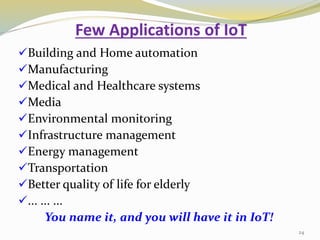 Few Applications of IoT
Building and Home automation
Manufacturing
Medical and Healthcare systems
Media
Environmental monitoring
Infrastructure management
Energy management
Transportation
Better quality of life for elderly
... ... ...
You name it, and you will have it in IoT!
24
 