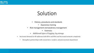 Solution
• Policies, procedures and standards
• Awareness training
• Risk management and weakness management
• Forensics
• Additional types of logging, log storage
• Increased demand for IP addresses both IPv4 and IPv6 and Increased network complexity
• Strengthen partnerships with researchers, vendors, and procurement department
http://krebsonsecurity.com/2016/02/iot-reality-smart-devices-dumb-defaults/
http://www.gsma.com/connectedliving/gsma-iot-security-guidelines-complete-document-set/
 