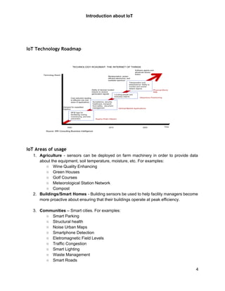  
 
Introduction about IoT  
 
 
IoT Technology Roadmap
IoT Areas of usage
1. Agriculture ­ sensors can be deployed on farm machinery in order to provide data                           
about the equipment, soil temperature, moisture, etc. For examples:  
○ Wine Quality Enhancing 
○ Green Houses 
○ Golf Courses 
○ Meteorological Station Network 
○ Compost 
2. Buildings/Smart Homes ​­ Building sensors be used to help facility managers become                       
more proactive about ensuring that their buildings operate at peak efficiency. 
 
3. Communities​ – Smart cities. For examples:  
○ Smart Parking 
○ Structural health 
○ Noise Urban Maps 
○ Smartphone Detection 
○ Eletromagnetic Field Levels 
○ Traffic Congestion 
○ Smart Lighting 
○ Waste Management 
○ Smart Roads 
4 
 