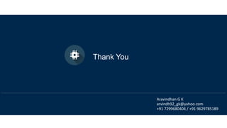 Thank You
Aravindhan G K
arvindh92_gk@yahoo.com
+91 7299680404 / +91 9629785189
 