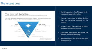 27-Oct-16
9
The recent buzz
• World Population: As of August 2016 ,
it was estimated at 7.4 billion
• There are more than 12 billion devices
that can currently connect to the
Internet
• In next 5 years there will be 50 billion
devices connected to internet.
• Consumer applications will drive the
number of connected things
• While enterprise will account for most
of the revenue
 