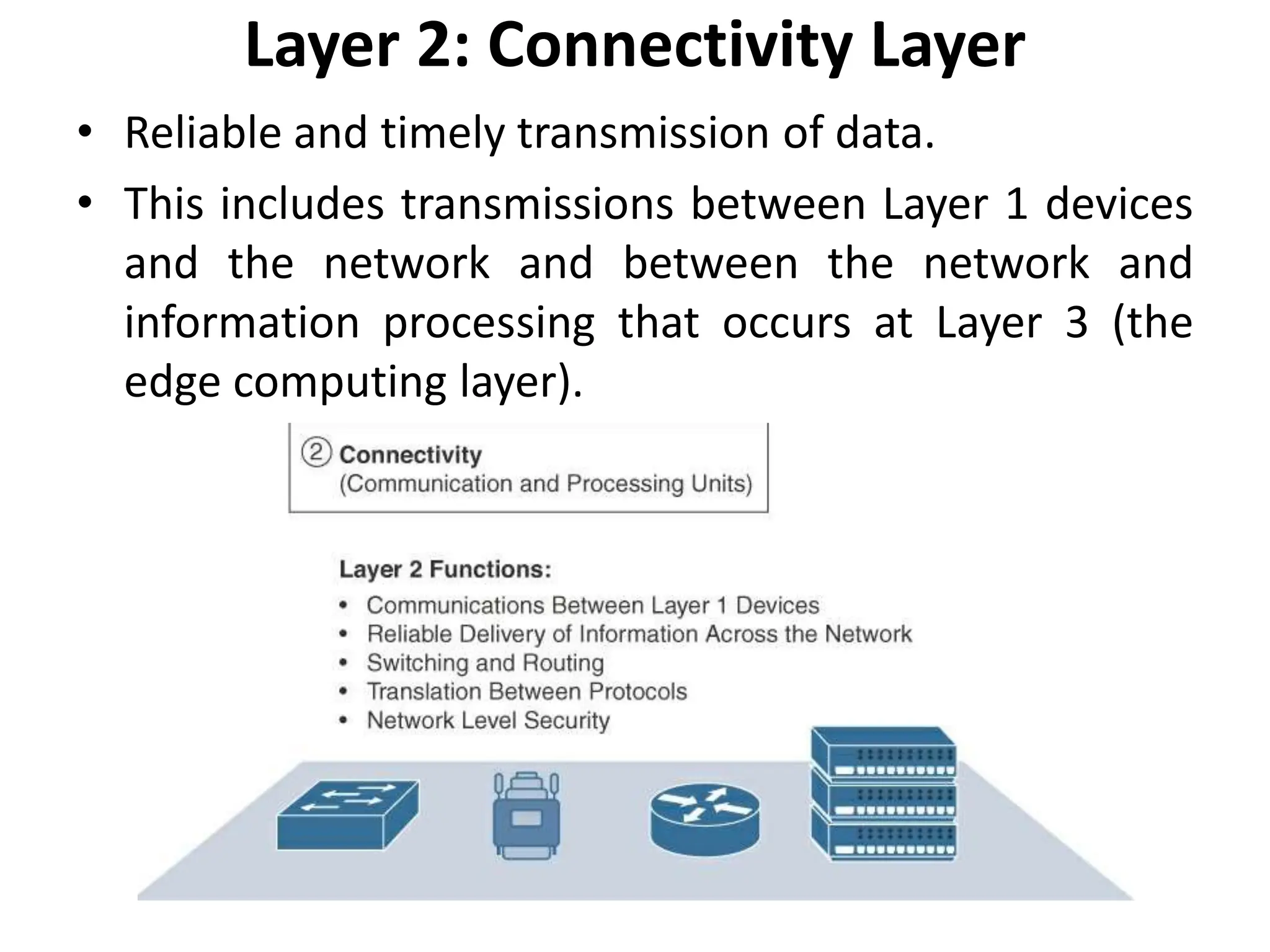 Layer 2: Connectivity Layer
• Reliable and timely transmission of data.
• This includes transmissions between Layer 1 devices
and the network and between the network and
information processing that occurs at Layer 3 (the
edge computing layer).
 