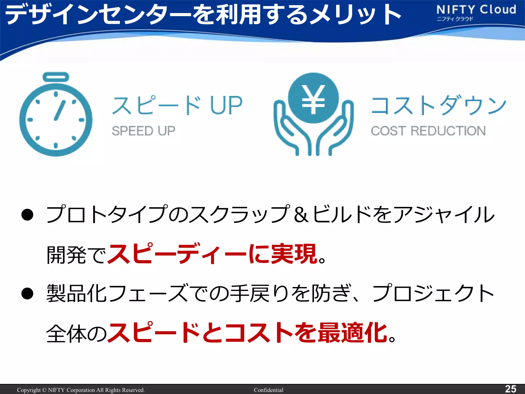 Copyright © NIFTY Corporation All Rights Reserved. Confidential 25
デザインセンターを利用するメリット
 プロトタイプのスクラップ＆ビルドをアジャイル
開発でスピーディーに実現。
 製品化フェーズでの手戻りを防ぎ、プロジェクト
全体のスピードとコストを最適化。
 