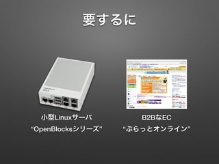 要するに
B2BなEC
“ぷらっとオンライン”
小型Linuxサーバ
“OpenBlocksシリーズ”
 
