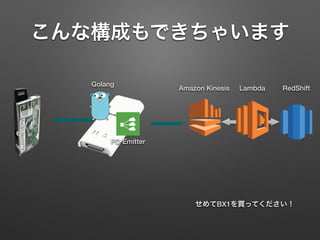 こんな構成もできちゃいます
Amazon Kinesis Lambda RedShift
PD Emitter
Golang
せめてBX1を買ってください！
 