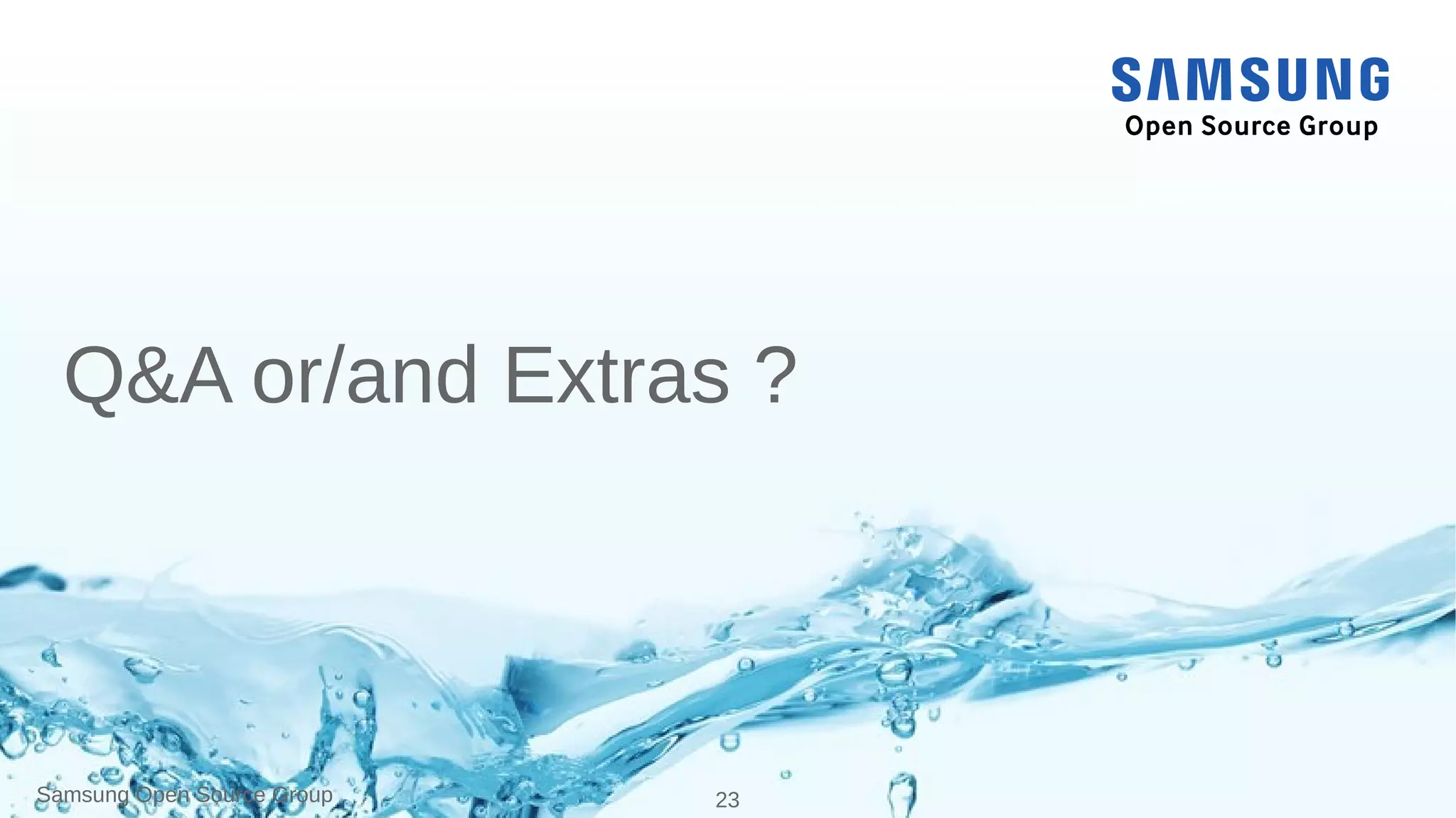 Samsung Open Source Group 23 https://fosdem.org/2017/schedule/event/iot_iotivity/Samsung Open Source Group
References
● Entry points:
– https://wiki.iotivity.org/examples : git clone iotivity-example
– https://wiki.iotivity.org/docker : cloud images from Ondrej Tomcik
– http://wiki.iotivity.org/automotive
● Going further:
– https://openconnectivity.org/resources/iotivity
– https://openconnectivity.org/resources/oneiota-data-model-tool
– https://news.samsung.com/global/samsung-contributes-to-open-iot-showcase-at-ces-2017
● Keep in touch online:
– https://wiki.iotivity.org/community
– https://wiki.tizen.org/wiki/Meeting
– https://blogs.s-osg.org/author/pcoval/
 