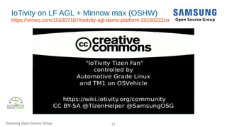 Samsung Open Source Group 17Samsung Open Source Group
IoTivity on LF AGL + Minnow max (OSHW)
https://vimeo.com/156307187#iotivity-agl-demo-platform-20160222rzr
 