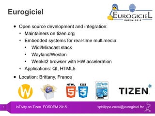 6 IoTivity on Tizen FOSDEM 2015 <philippe.coval@eurogiciel.fr>
Eurogiciel
● Open source development and integration:
● Maintainers on tizen.org
● Embedded systems for real-time multimedia:
▪ Widi/Miracast stack
▪ Wayland/Weston
▪ Webkit2 browser with HW acceleration
● Applications: Qt, HTML5
● Location: Brittany, France
 