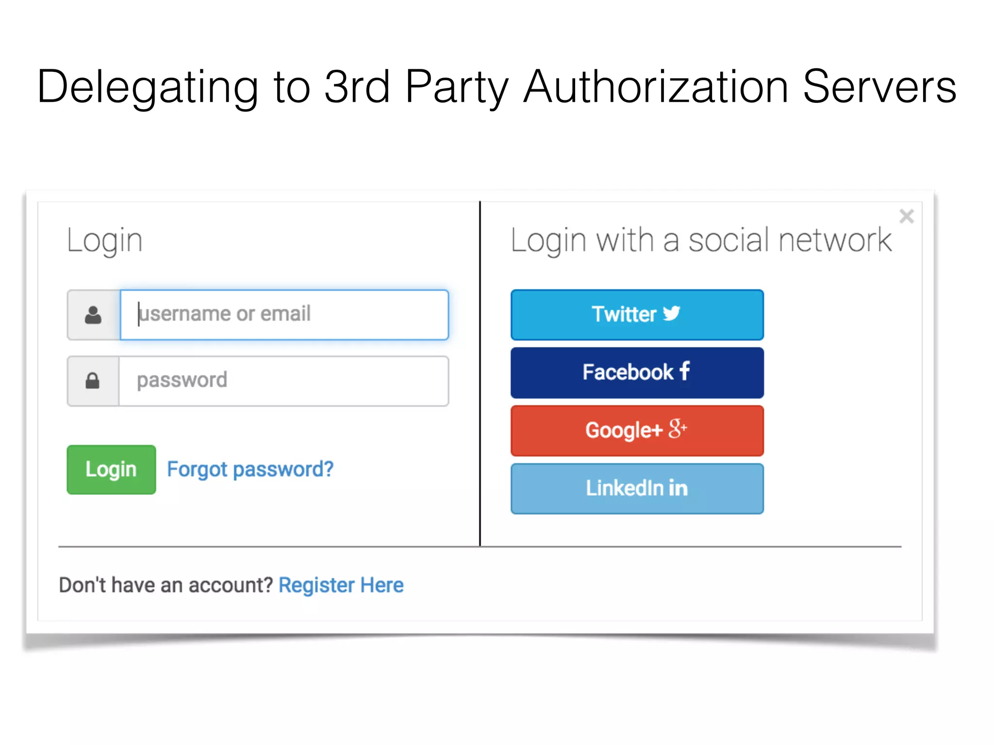 A Sample OAuth 2 Workﬂow • My company registers the app with the thing’s vendor providing a redirect URI for successful and failed logins and gets a client id and a secret. 