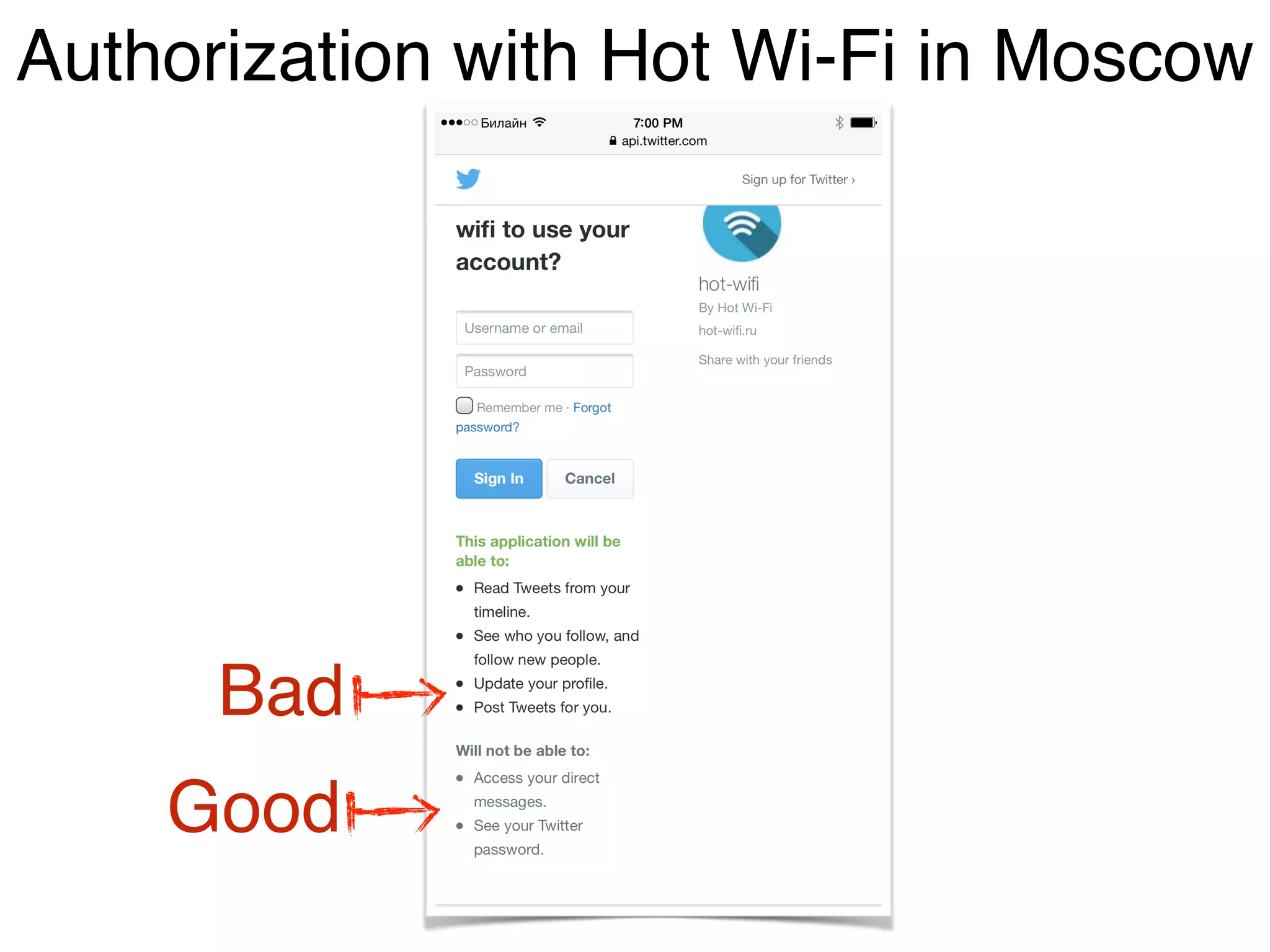 A Sample OAuth 2 Workﬂow • My company registers the app with the thing’s vendor providing a redirect URI for successful and failed logins and gets a client id and a secret. • My company builds an app that uses the thing’s API (e.g. with REST ). 