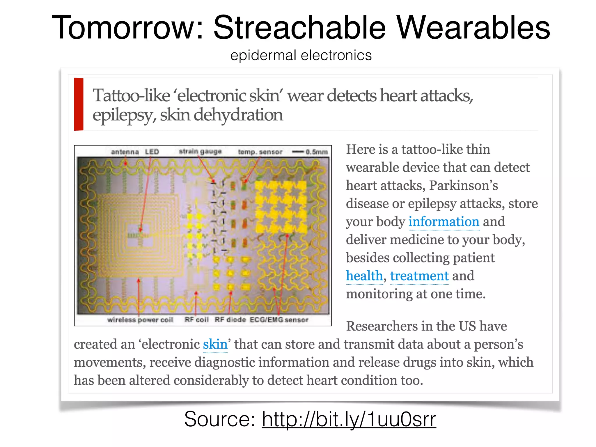 Tomorrow: Streachable Wearables  epidermal electronics Source: http://bit.ly/1uu0srr 