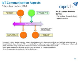 IoT Communication Aspects
Other Approaches: DDS
17
•DDS: Data Distribution
Service
• No broker, de-centralized
communication
Medagliani, Paolo & Leguay, Jeremie & Duda, A & Rousseau, Franck & Duquennoy, Simon & Raza, Shahid & Ferrari, Gianluigi &
Gonizzi, Pietro & Cirani, Simone & Veltri, L & Montón, Màrius & Domingo Prieto, Marc & Dohler, M & Villajosana, I & Dupont, O.
(2014). Internet of Things Applications - From Research and Innovation to Market Deployment.
https://www.researchgate.net/publication/278798179_Internet_of_Things_Applications_-
_From_Research_and_Innovation_to_Market_Deployment
 
