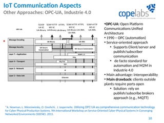 IoT Communication Aspects
Other Approaches: OPC-UA, Industrie 4.0
18
•OPC-UA: Open Platform
Communications Unified
Architecture
• 1990 – OPC (automation)
• Service-oriented approach
• Supports Client/server and
publish/subscriber
communication
• de facto standard for
automation and M2M in
Industrie 4.0
• Main advantage: interoperability
• Main drawback: clients outside
plants require ports open
• Solution: rely on
publish/subscribe brokers
approach (e.g., MQTT)
*A. Newman, L. Wiesniwiesky, O. Givehchi, J. Jasperneite. Utilizing OPC UA as comprehensive communication technology
for Cyber Physical Production Systems. 9th International Workshop on Service-Oriented Cyber-Physical Systems in Converging
Networked Environments (SOCNE). 2015.
*
 