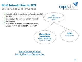 Brief Introduction to ICN
CCN to Named Data Networking
CCN
(PARC & Friends)
2009
Named-Data
Networking
Open, coordinated
by UCLA (2014)
hICN
Cisco, 2017
Part of the NSF Future Internet Architecture FIA
initiative
Goal: design the next generation Internet
Architecture
NDN is one of four multi-institution teams
funded in 2010-13, and 2014-16, ~$15M
http://named-data.net
http://github.com/named-data
23
 