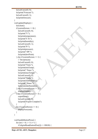 BCS701
Dept. of CSE, AIET, Mangalore Page 27
lcd.setCursor(0, 0);
lcd.print("Forecast:");
lcd.setCursor(0, 1);
lcd.print(forecast);
}
void updateDisplay() {
lcd.clear();
if (currentScreen == 0) {
lcd.setCursor(0, 0);
lcd.print("T:");
lcd.print(temperature);
lcd.print("C H:");
lcd.print(humidity);
lcd.setCursor(0, 1);
lcd.print("P:");
lcd.print(pressure);
lcd.print(" DP:");
lcd.print(dewPoint);
} else if (currentScreen == 1) {
// Экстремумы
lcd.setCursor(0, 0);
lcd.print("Tmin:");
lcd.print(minTemp);
lcd.print(" Tmax:");
lcd.print(maxTemp);
lcd.setCursor(0, 1);
lcd.print("Hmin:");
lcd.print(minHumidity);
lcd.print(" Hmax:");
lcd.print(maxHumidity);
} else if (currentScreen == 2) {
displayGraph();
} else if (currentScreen == 3) {
exportData();
lcd.setCursor(0, 0);
lcd.print("Export Complete");
}
else if (currentScreen == 4) {
displayForecast();
}
}
void handleButtonPress() {
for (int i = 0; i < 5; i++) {
if (digitalRead(buttonPins[i]) == HIGH) {
 