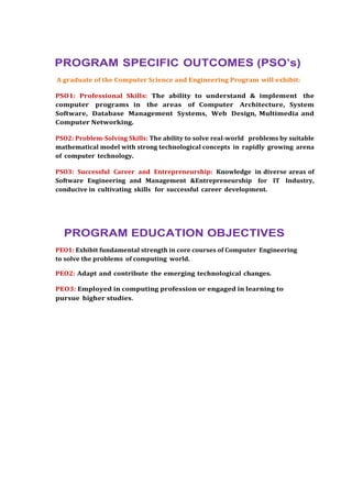 PROGRAM SPECIFIC OUTCOMES (PSO’s)
A graduate of the Computer Science and Engineering Program will exhibit:
PSO1: Professional Skills: The ability to understand & implement the
computer programs in the areas of Computer Architecture, System
Software, Database Management Systems, Web Design, Multimedia and
Computer Networking.
PSO2: Problem-Solving Skills: The ability to solve real-world problems by suitable
mathematical model with strong technological concepts in rapidly growing arena
of computer technology.
PSO3: Successful Career and Entrepreneurship: Knowledge in diverse areas of
Software Engineering and Management &Entrepreneurship for IT Industry,
conducive in cultivating skills for successful career development.
PROGRAM EDUCATION OBJECTIVES
PEO1: Exhibit fundamental strength in core courses of Computer Engineering
to solve the problems of computing world.
PEO2: Adapt and contribute the emerging technological changes.
PEO3: Employed in computing profession or engaged in learning to
pursue higher studies.
 