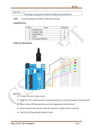 BCS701
Dept. of CSE, AIET, Mangalore Page 2
Exp. No. 1
Develop a program to blink 5 LEDs back and forth.
AIM: Develop a program to blink 5 LEDs back and forth.
COMPONENT:
S.NO. Name Quantity
1. Ardiuno Uno 1
2. Jumper Cable 6
3. Bread Board 1
4. LED 5
5. Resistance (800 Ω) 5
CIRCUIT DIAGRAM:
SET UP:
a) Connect the circuit as per circuit.
b) Make sure VCC and Ground pins connected properly to avoid any damage to Arduino board.
c) Open Arduino IDE then goto tools and select appropriate Arduino board.
d) Select tool then select the port select the com port to which board is connected.
e) Type sketch (Program) and upload to board.
 