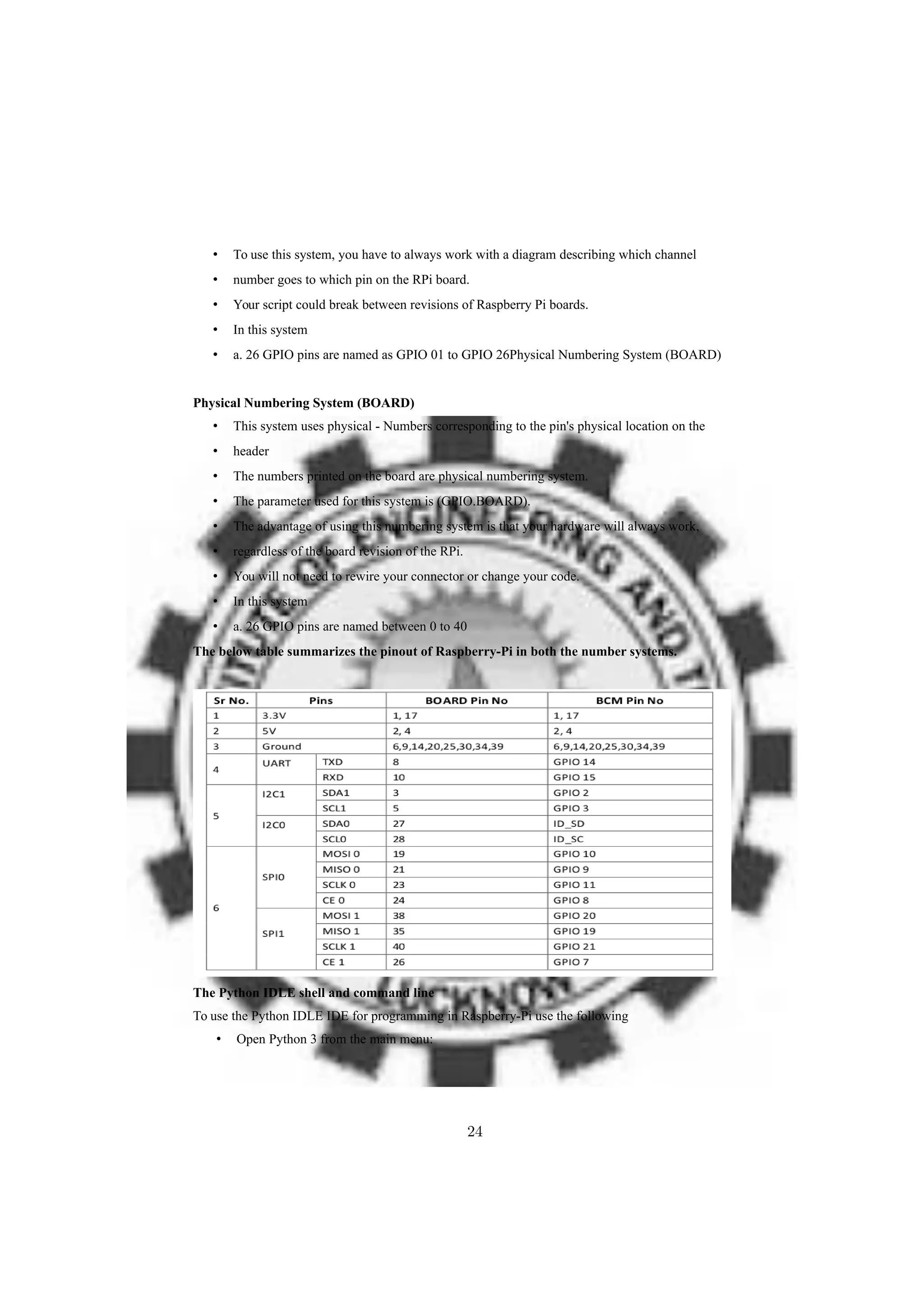 • To use this system, you have to always work with a diagram describing which channel
• number goes to which pin on the RPi board.
• Your script could break between revisions of Raspberry Pi boards.
• In this system
• a. 26 GPIO pins are named as GPIO 01 to GPIO 26Physical Numbering System (BOARD)
Physical Numbering System (BOARD)
• This system uses physical - Numbers corresponding to the pin's physical location on the
• header
• The numbers printed on the board are physical numbering system.
• The parameter used for this system is (GPIO.BOARD).
• The advantage of using this numbering system is that your hardware will always work,
• regardless of the board revision of the RPi.
• You will not need to rewire your connector or change your code.
• In this system
• a. 26 GPIO pins are named between 0 to 40
The below table summarizes the pinout of Raspberry-Pi in both the number systems.
The Python IDLE shell and command line
To use the Python IDLE IDE for programming in Raspberry-Pi use the following
• Open Python 3 from the main menu:
24
 