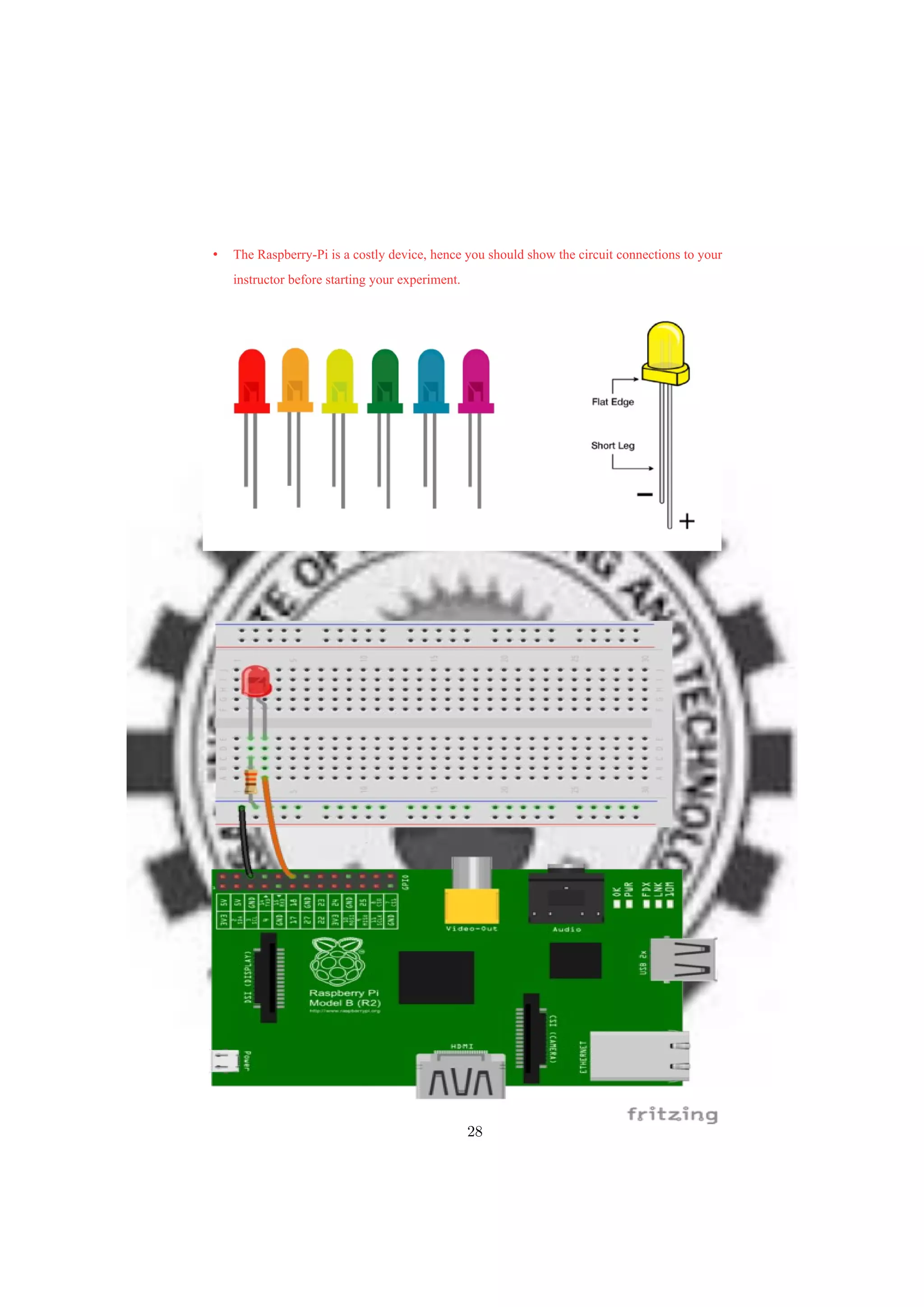 • The Raspberry-Pi is a costly device, hence you should show the circuit connections to your
instructor before starting your experiment.
28
 
