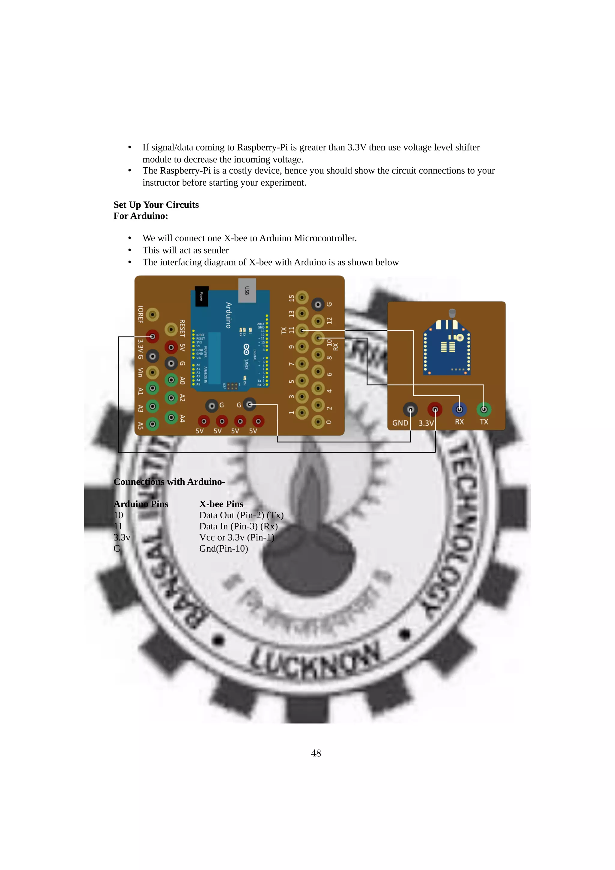 • If signal/data coming to Raspberry-Pi is greater than 3.3V then use voltage level shifter
module to decrease the incoming voltage.
• The Raspberry-Pi is a costly device, hence you should show the circuit connections to your
instructor before starting your experiment.
Set Up Your Circuits
For Arduino:
• We will connect one X-bee to Arduino Microcontroller.
• This will act as sender
• The interfacing diagram of X-bee with Arduino is as shown below
Connections with Arduino-
Arduino Pins X-bee Pins
10 Data Out (Pin-2) (Tx)
11 Data In (Pin-3) (Rx)
3.3v Vcc or 3.3v (Pin-1)
G Gnd(Pin-10)
48
 