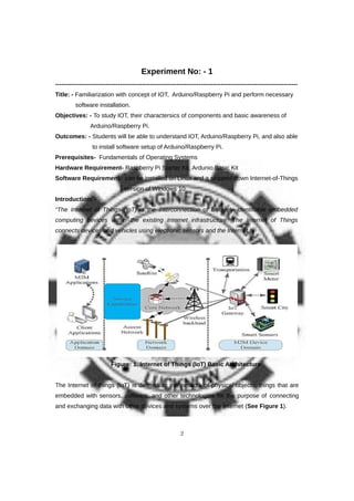 Experiment No: - 1
------------------------------------------------------------------------------------------------------------------------
Title: - Familiarization with concept of IOT, Arduino/Raspberry Pi and perform necessary
software installation.
Objectives: - To study IOT, their charactersics of components and basic awareness of
Arduino/Raspberry Pi.
Outcomes: - Students will be able to understand IOT, Arduino/Raspberry Pi, and also able
to install software setup of Arduino/Raspberry Pi.
Prerequisites- Fundamentals of Operating Systems
Hardware Requirement- Raspberry Pi Starter Kit, Ardunio Basic Kit
Software Requirement- can be installed on Linux and a stripped-down Internet-of-Things
version of Windows 10.
Introduction: -
“The Internet of Things (IoT) is the interconnection of uniquely identifiable embedded
computing devices within the existing Internet infrastructure. The Internet of Things
connects devices and vehicles using electronic sensors and the Internet.”
Figure: 1. Internet of Things (IoT) Basic Architecture
The Internet of things (IoT) is defined as the network of physical objects, things that are
embedded with sensors, software, and other technologies for the purpose of connecting
and exchanging data with other devices and systems over the Internet (See Figure 1).
2
 