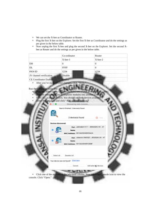 • We can set the X-bee as Coordinator or Router.
• Plug the first X-bee on the Explorer. Set the first X-bee as Coordinator and do the settings as
per given in the below table.
• Now unplug the first X-bee and plug the second X-bee on the Explorer. Set the second X-
bee as Router and do the settings as per given in the below table.
Co-ordinator Router
X-bee-1 X-bee-2
DH 0 0
DL FFFF 0
PAN ID 1234 1234
JV channel verification Disable Enable
CE Coordinator Enable Enable Disable
• After you’ve made all your changes, click “Write.”
Run the Communication Test
• Plug one XBee (on its Explorer module) into a USB port (via USB cable).
• Plug the other XBee (on its Explorer module) into another USB port.
• In XCTU, scan for devices. You should see both devices available.
• Select both of them and click “Add selected devices.”
• Click one of the modules in the left-hand column. Now select the Console icon to view the
console. Click “Open.”
46
 