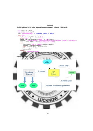 Printouts
In this practical we are going to upload sensed temerature value on ThingSpeak.
Design IOT App:-
61
 