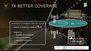 Accelerating IoT | Commercial in confidence | © Ericsson AB 2015 | 2015-08-27 | Page 16
MBB DRIVES
SITE GRID
IoT COVERAGE
MBB App Coverage EC mode Coverage
EXTENDED COVERAGE GSM (EC-GSM)
• Extends coverage by an additional +20dB
• Achieved by:
• Repetition of transmissions
• New control channels
• New access procedures
+20 dB
7X BETTER COVERAGE
Extended +20 dB
7x
Accelerating IoT | Commercial in confidence | © Ericsson AB 2015 | 2015-08-26 | Page 16
Ecosystem
Partner and more to come…
 
