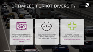 Accelerating IoT | Commercial in confidence | © Ericsson AB 2015 | 2015-08-27 | Page 17
Optimized for IOT diversity
PRIORITIZED ADMISSION
CONTROL ON CONGESTION
SUPPORT ACCESS-
CRITICAL M2M SERVICES
ATMs, Point of Sale, vehicle
tracking
SECURING ACCESS FOR
MOST IMPORTANT
CUSTOMERS AND DEVICES
Medical, Telematics, Alarms
Accelerating IoT | Commercial in confidence | © Ericsson AB 2015 | 2015-08-26 | Page 17
 