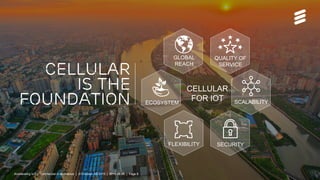 Accelerating IoT | Commercial in confidence | © Ericsson AB 2015 | 2015-08-27 | Page 8
GLOBAL
REACH
SECURITY
Cellular
is the
foundation
FLEXIBILITY
ECOSYSTEM SCALABILITY
QUALITY OF
SERVICE
CELLULAR
FOR IOT
Accelerating IoT | Commercial in confidence | © Ericsson AB 2015 | 2015-08-26 | Page 8
 