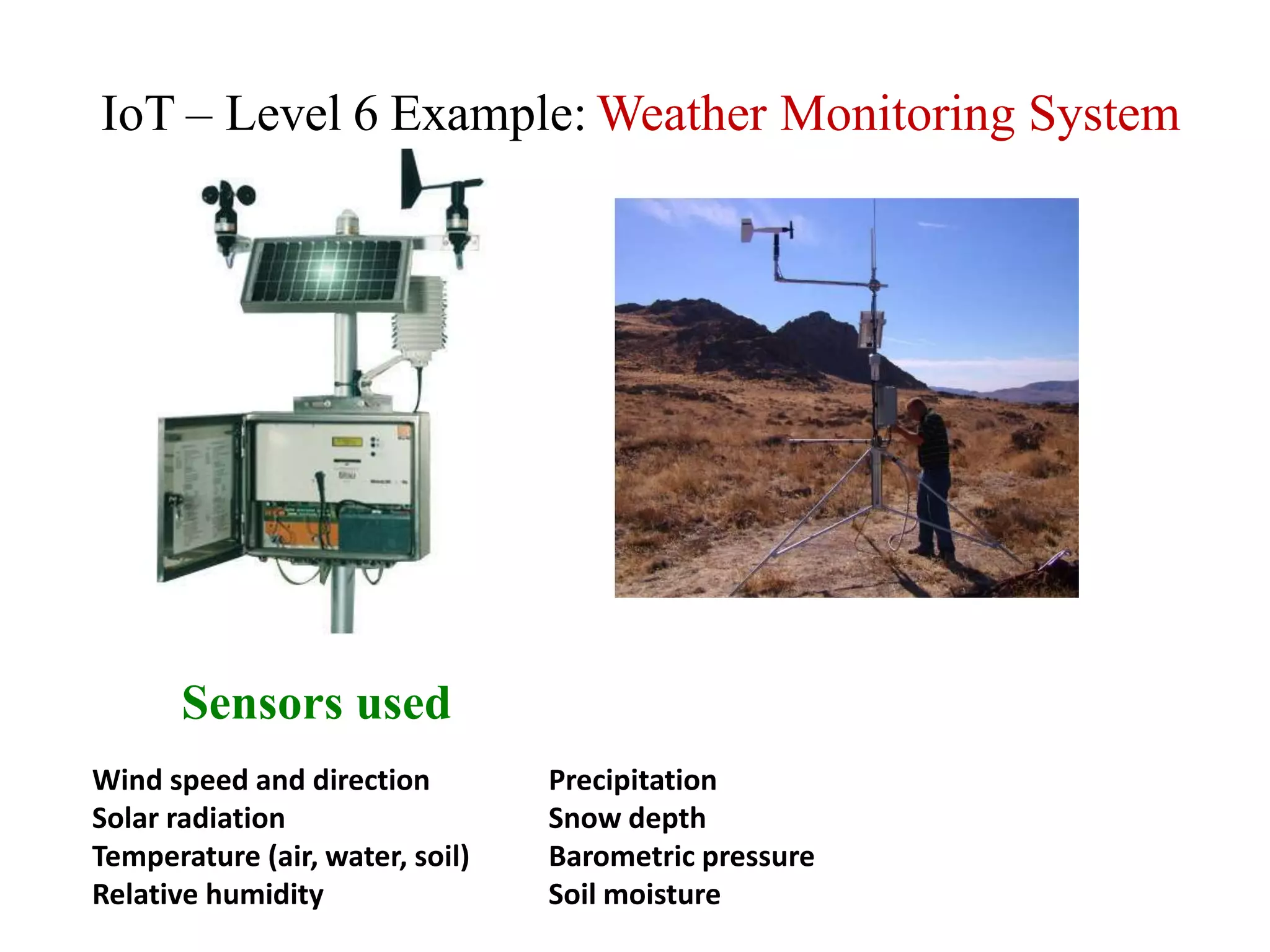 IoT – Level 6 Example: Weather Monitoring System
Wind speed and direction
Solar radiation
Temperature (air, water, soil)
Relative humidity
Sensors used
Precipitation
Snow depth
Barometric pressure
Soil moisture
 