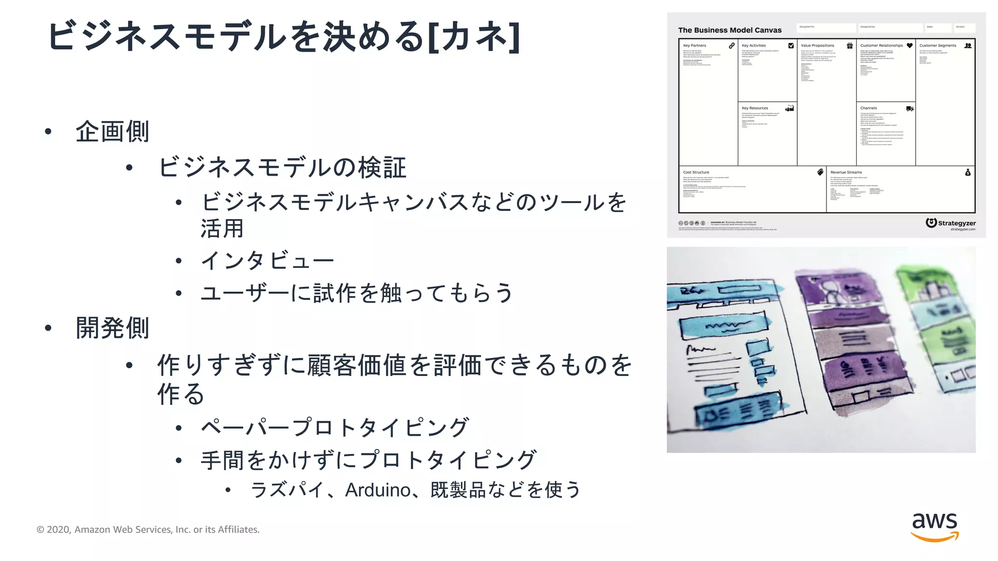 © 2020, Amazon Web Services, Inc. or its Affiliates.
ビジネスモデルを決める[カネ]
• 企画側
• ビジネスモデルの検証
• ビジネスモデルキャンバスなどのツールを
活用
• インタビュー
• ユーザーに試作を触ってもらう
• 開発側
• 作りすぎずに顧客価値を評価できるものを
作る
• ペーパープロトタイピング
• 手間をかけずにプロトタイピング
• ラズパイ、Arduino、既製品などを使う
 