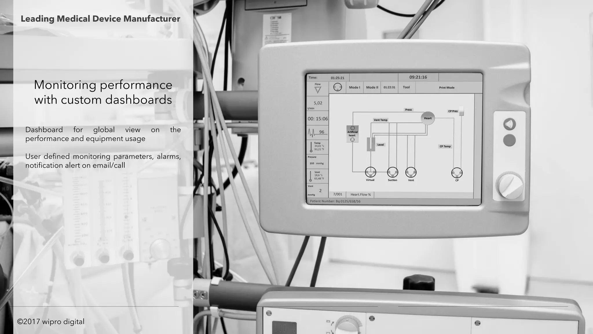 Monitoring performance
with custom dashboards
Dashboard for global view on the
performance and equipment usage
User defined monitoring parameters, alarms,
notification alert on email/call
Leading Medical Device Manufacturer
©2017 wipro digital
 
