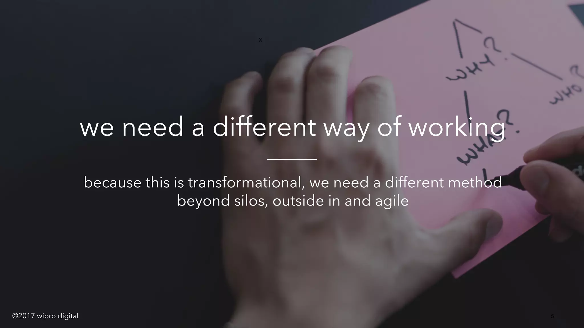 x
5
we need a different way of working
because this is transformational, we need a different method
beyond silos, outside in and agile
©2017 wipro digital
 