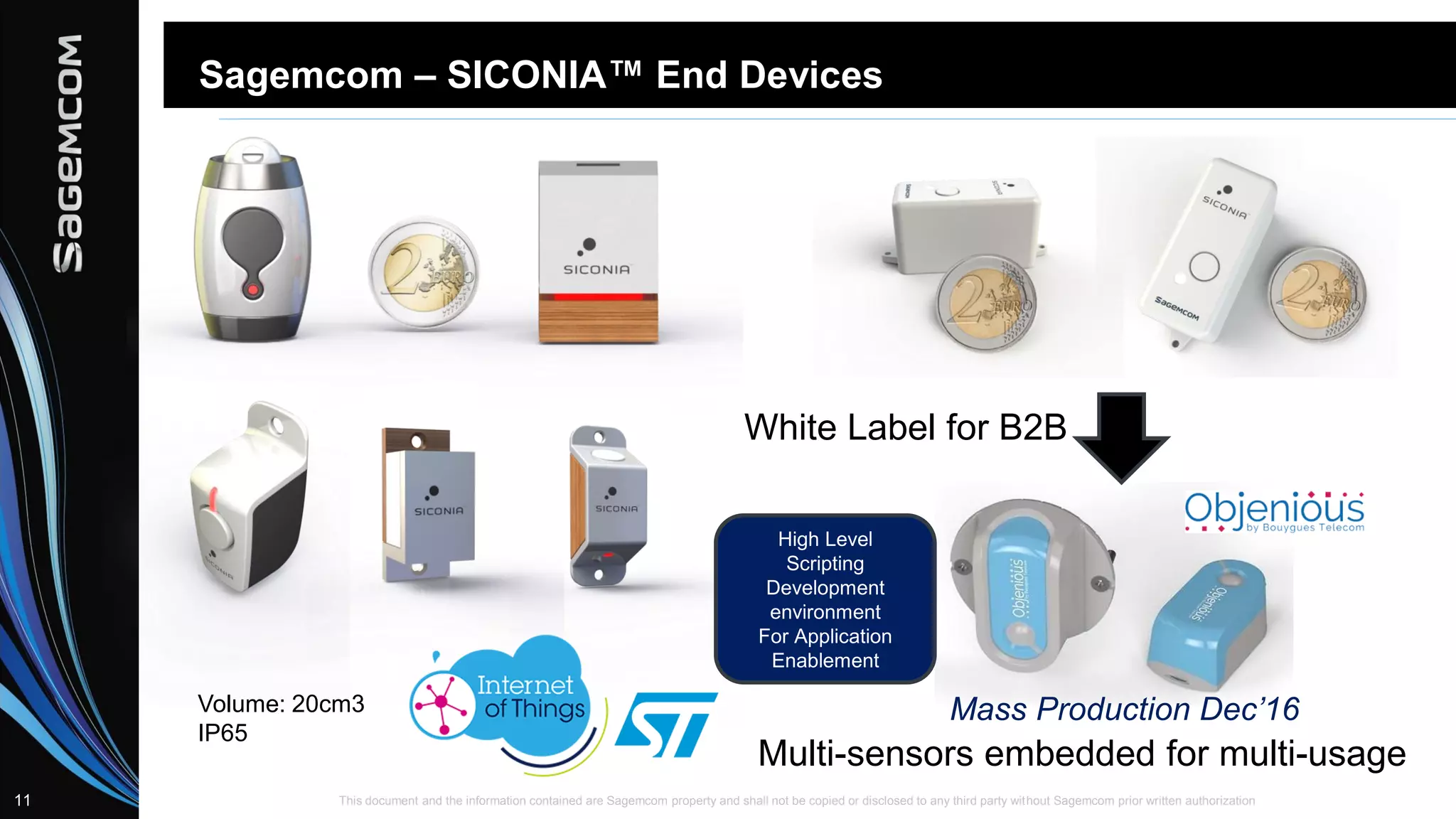 This document and the information contained are Sagemcom property and shall not be copied or disclosed to any third party without Sagemcom prior written authorization11
Sagemcom – SICONIA™ End Devices
Volume: 20cm3
IP65
Multi-sensors embedded for multi-usage
White Label for B2B
Mass Production Dec’16
High Level
Scripting
Development
environment
For Application
Enablement
 
