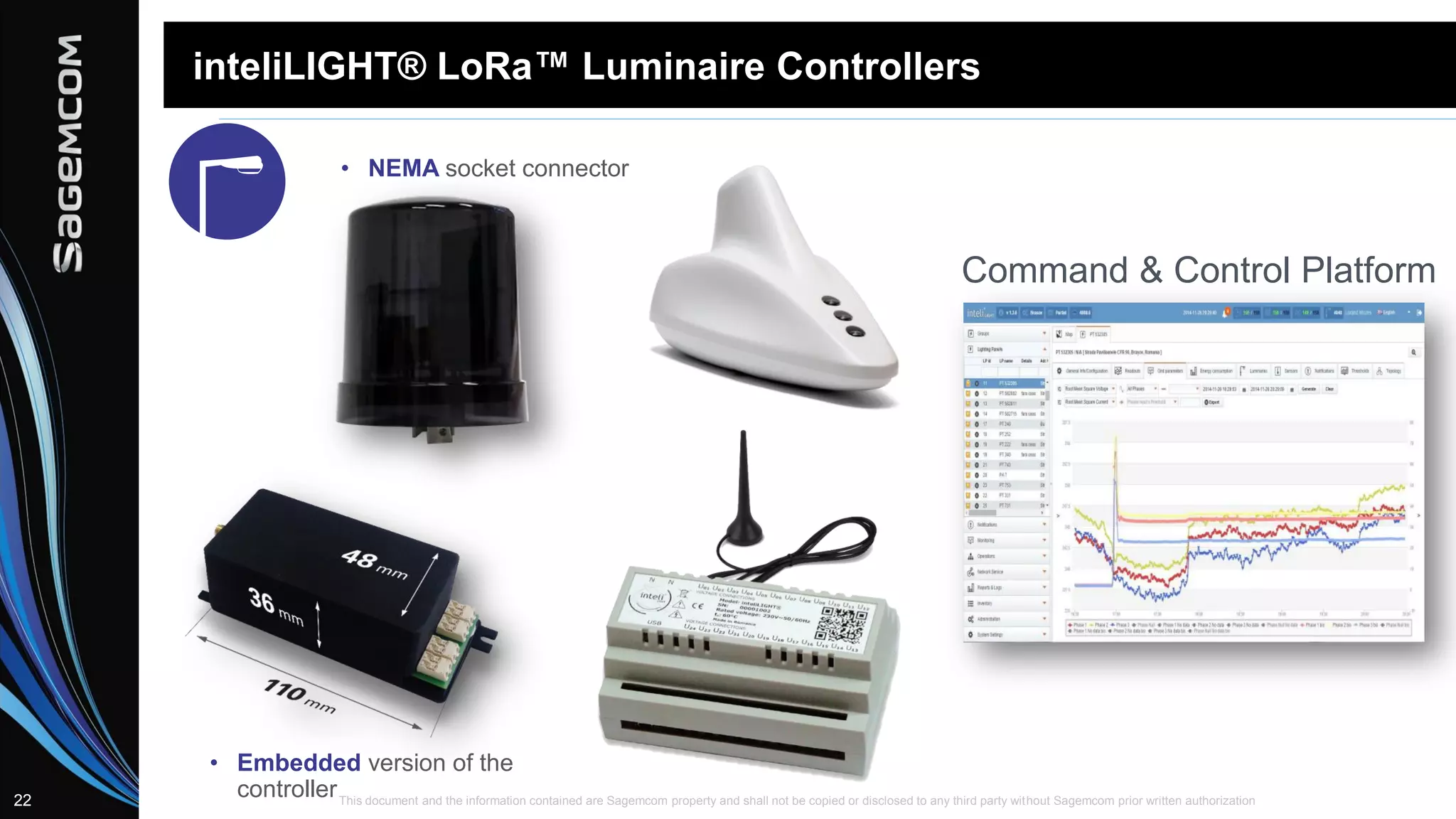This document and the information contained are Sagemcom property and shall not be copied or disclosed to any third party without Sagemcom prior written authorization22
inteliLIGHT® LoRa™ Luminaire Controllers
• NEMA socket connector
• Embedded version of the
controller
Command & Control Platform
 
