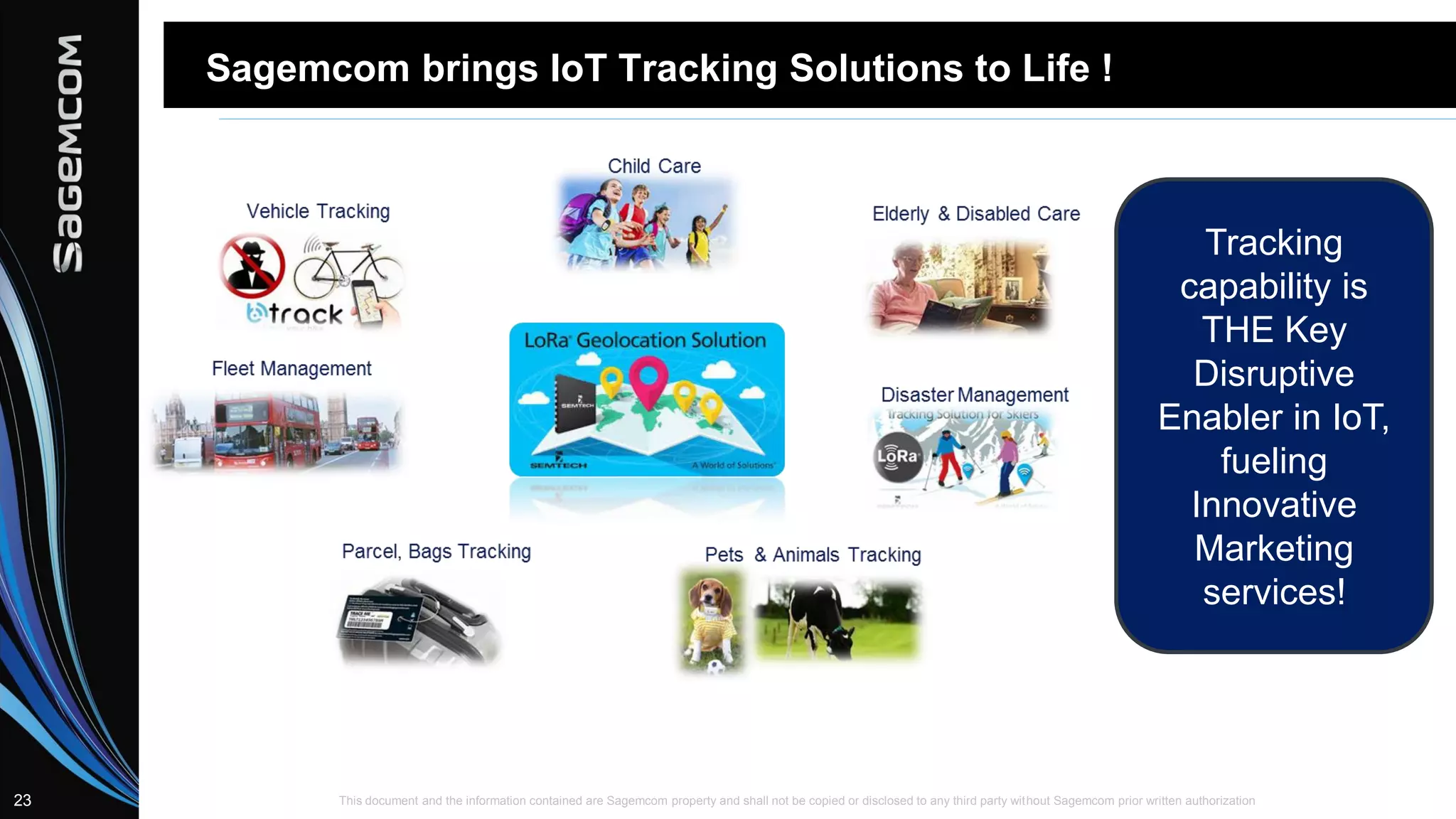 This document and the information contained are Sagemcom property and shall not be copied or disclosed to any third party without Sagemcom prior written authorization23
Sagemcom brings IoT Tracking Solutions to Life !
Tracking
capability is
THE Key
Disruptive
Enabler in IoT,
fueling
Innovative
Marketing
services!
 