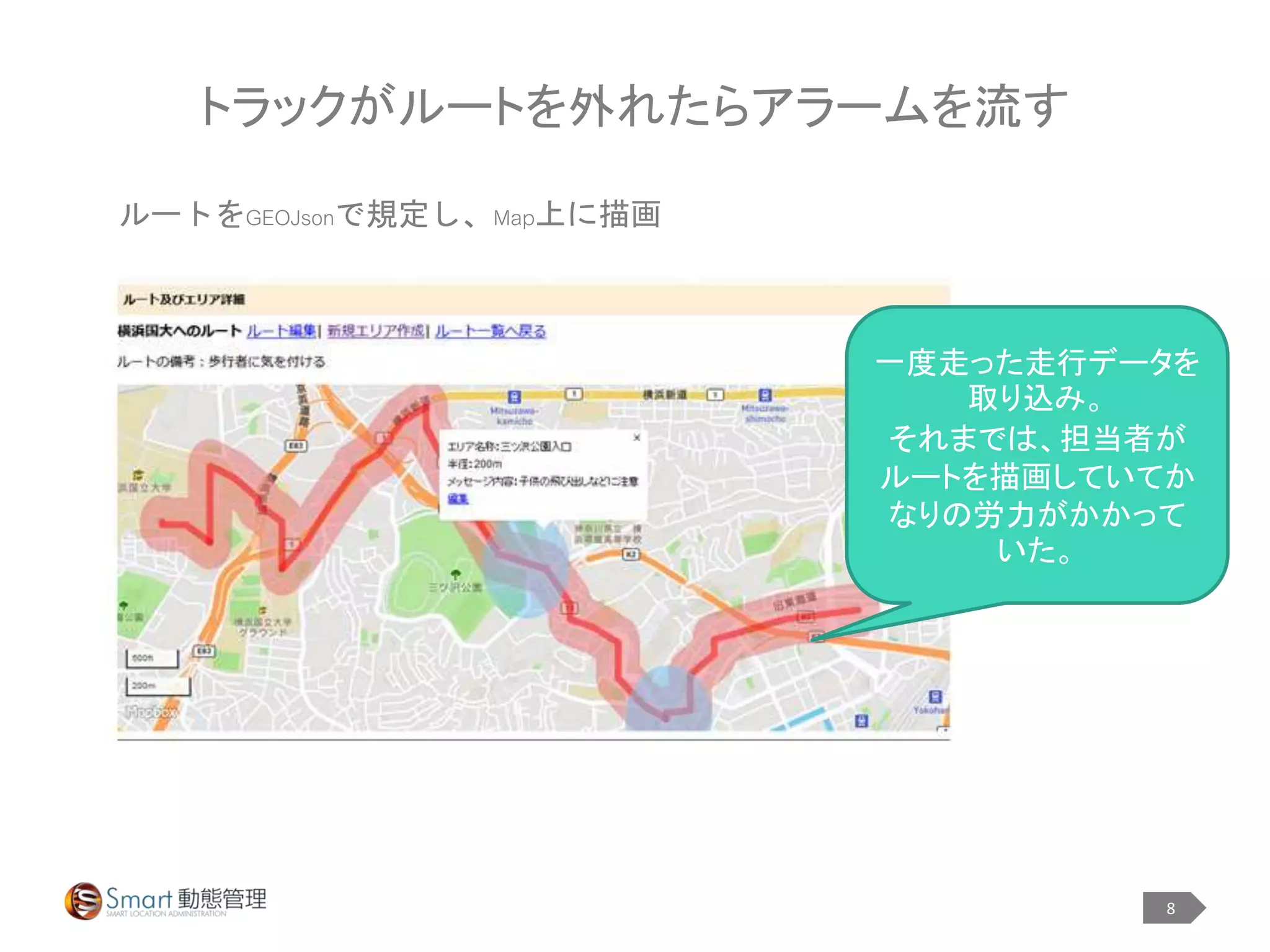 8
トラックがルートを外れたらアラームを流す
ルートをGEOJsonで規定し、Map上に描画
一度走った走行データを
取り込み。
それまでは、担当者が
ルートを描画していてか
なりの労力がかかって
いた。
 