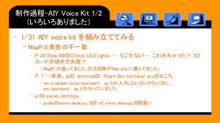 制作過程-AIY Voice Kit 1/2
（いろいろありました）
• 1/31 AIY voice kit を組み立ててみる
– MagPiと実態の不一致
• P.36 Step 06のCheck LED lights …. うごかない… ...