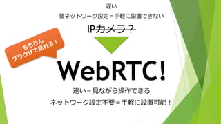 IPカメラ？
WebRTC!
遅い
要ネットワーク設定＝⼿軽に設置できない
速い＝⾒ながら操作できる
ネットワーク設定不要＝⼿軽に設置可能！
 