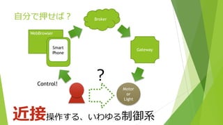 WebBrowser
⾃分で押せば？
Motor
or
Light
Gateway
Broker
Smart
Phone
近接操作する、いわゆる制御系
？Control!
 