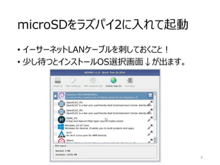 microSDをラズパイ2に入れて起動
• イーサーネットLANケーブルを刺しておくこと！
• 少し待つとインストールOS選択画面↓が出ます。
8
 