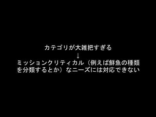 カテゴリが大雑把すぎる
↓
ミッションクリティカル（例えば鮮魚の種類
を分類するとか）なニーズには対応できない
 