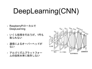 DeepLearning(CNN)
• RaspberryPiローカルで
DeepLearning
• いくら処理を行おうが、1円も
取られない
• 通信によるオーバーヘッドが
ない
• アルゴリズムプラットフォー
ムの技術水準に依存しない
 