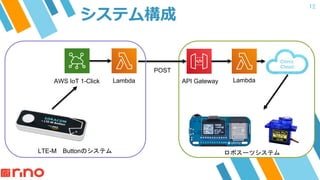 12
LTE-M Button
AWS IoT 1-Click Lambda LambdaAPI Gateway
POST
 