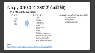 Nfcpy 0.10.0 での変更点(詳細)
旧メソッド
例：nfc.tag.tt3.Type3Tag
__init__
__str__
poll
read
write
新メソッド
__init__
__str__
_format
_is_present
authenticate
dump
dump_service
format
polling
protect
read_from_ndef_service
read_without_encryption
send_cmd_recv_rsp
write_to_ndef_service
write_without_encryption
nfc.tag.tt3_sony.FelicaStandard 追加
request_response
request_service
request_system_code
search_service_code
参考：
http://nfcpy.readthedocs.org/en/latest/modules/tag.html
 