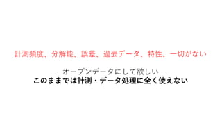 計測頻度、分解能、誤差、過去データ、特性、一切がない
オープンデータにして欲しい
このままでは計測・データ処理に全く使えない
 