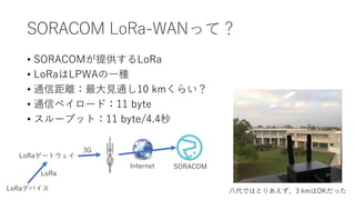 SORACOM LoRa-WANって？
• SORACOMが提供するLoRa
• LoRaはLPWAの一種
• 通信距離：最大見通し10 kmくらい？
• 通信ペイロード：11 byte
• スループット：11 byte/4.4秒
八代ではとりあえず、3 kmはOKだったLoRaデバイス
LoRaゲートウェイ
Internet SORACOM
3G
LoRa
 